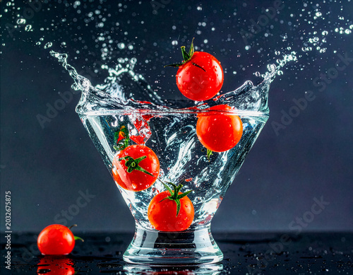 Fresh Tomatoes Falling into Bowl with Dynamic Motion Splash, Healthy Food Concept