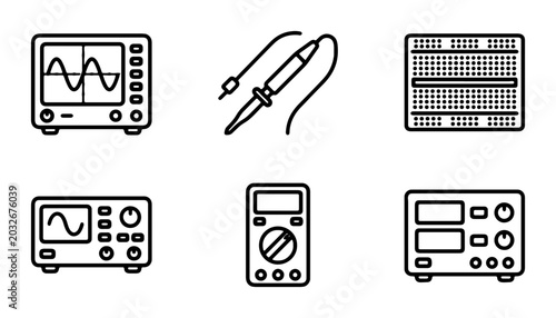 Bild auf Leinwand Electronics Lab Equipment Icons: Oscilloscope, Soldering Iron, Breadboard, Multi