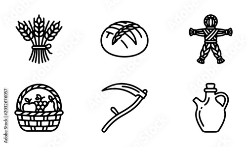 Obraz na plátně Harvest Icons: Wheat, Bread, Scythe, Fruit Basket, Effigy, Jug - Rustic Food & F