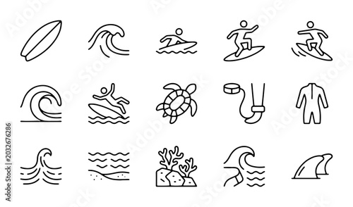 Quadro su tela Surfing Icons Set, Ocean Waves, Beach, Turtle, Wetsuit, Snorkel Gear, Vector Gra