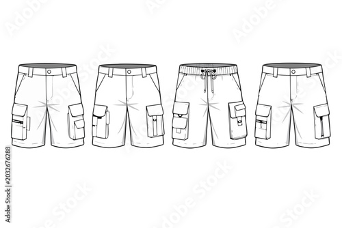 Men's Cargo Shorts Technical Fashion Illustration Set, Utility Bermuda Shorts Front View Variations with Multiple Pockets, Zippers, and Drawstrings, Flat Sketch CAD Template for Apparel Design