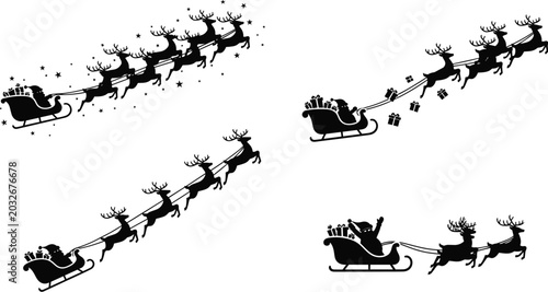 Bild auf Leinwand Collection of Santa Claus sleigh silhouette illustrations with reindeer, stars,