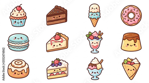 Cute Kawaii Desserts Collection Vector Illustration.