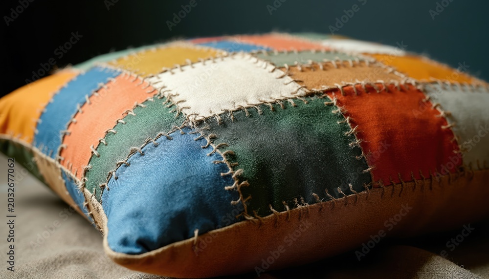Fototapeta premium Colorful patchwork pillow with visible stitching detail. Fabric squares create a unique textured pattern. Decorative cushion adds warmth and style to any space. Handcrafted home decor accent piece.
