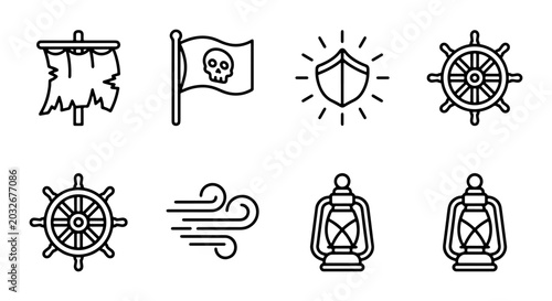 Konstfotografi Pirate Icons Set: Jolly Roger Flag, Ship Wheel, Lanterns, Wind, Shield, Sail - N