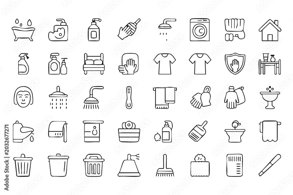 Fototapeta premium Vector Housekeeping Icon Set with Bathroom, Washing, Soap, Towels, and Cleaning Tools