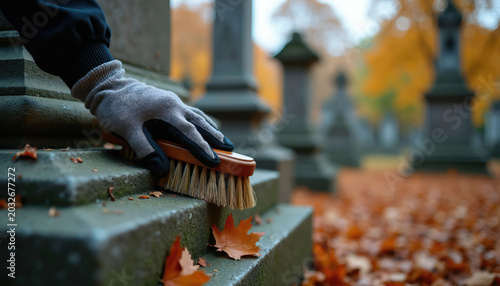 Gloved hand scrubs aged stone grave marker with brush. Autumn leaves rubbish ground. Cemetery cleanup  memorial care. Seasonal work honors the dead.
