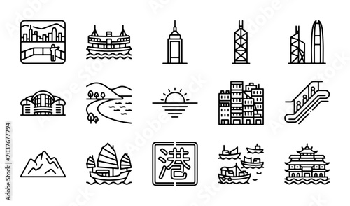 Fotografie Hong Kong Skyline Icons, Cityscape Landmarks, Travel Vector Graphics Set