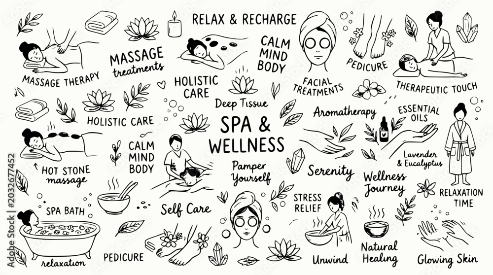 Fototapeta premium Spa & Wellness Collection: Massage, Aromatherapy, Self Care, Relaxation doodles