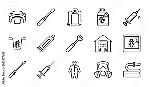 Quadro su tela Pest Control Icons Set: Extermination Tools, Sprayers, Syringes, Gas Masks, Prot