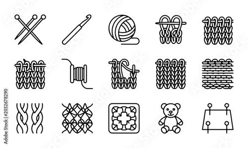 Vászonkép Knitting and Crochet Icons: Crafting Tools, Stitches, and Projects Vector Set