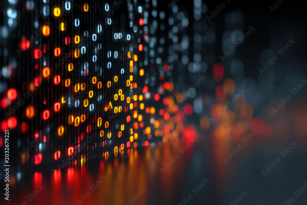 Fototapeta premium Digital Stream of Consciousness: A mesmerizing cascade of binary code, glowing in vibrant hues of orange, red, and blue, flows into an abstract digital landscape.