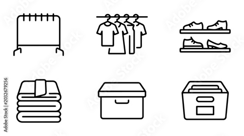 Slika na platnu Storage Icons: Clothes Rack, Hangers, Shelves, Folded Laundry, Box, File Organiz