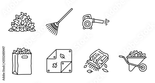 Fotografia Gardening Tools and Supplies Vector Icons: Leaf Rake, Blower, Wheelbarrow, Bag,