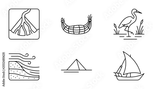 Cuadro en lienzo Ancient Egyptian Icons: Nile River, Papyrus Boat, Heron, Pyramid, Sailboat, Land