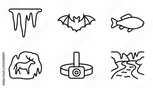 Quadro em tela Cave Exploration Icons: Stalactites, Bat, Fish, Animal, Headlamp, River, Geology