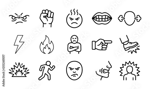 Tableau sur toile Anger Emotion Icons Set, Furious Face, Fist, Fire, Explosion, Frustration Vector