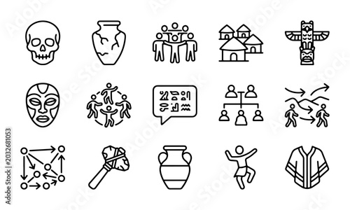 Photos Ancient Culture Icons: Tribal Village, Totem Pole, Skull, Mask, Pottery, Tools,
