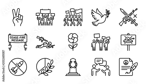 Quadro su tela Peace Icons Set: Protest, Dove, Ceasefire, Diplomacy, Anti-War Symbols Vector Co