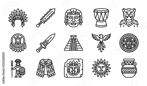 Photos Mayan Civilization Icons Set: Ancient Culture, Symbols, Warrior, Sun, Pyramid, A