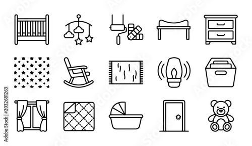 Tableau sur toile Baby Nursery Icons: Crib, Mobile, Rocking Chair, Dresser, Teddy Bear, Vector Set