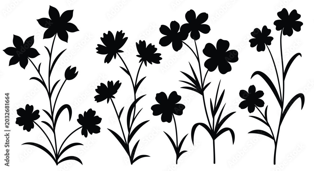 Fototapeta premium Black silhouette of wildflowers on white