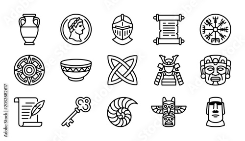 Tableau sur toile Ancient History Icons Set: Roman, Celtic, Samurai, Aztec, Totem, Easter Island S