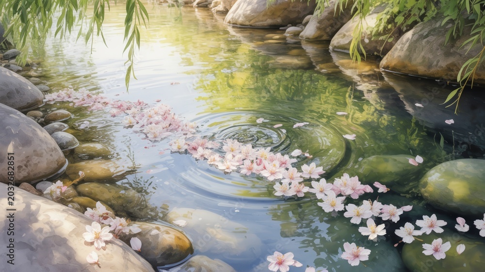 Fototapeta premium Cherry blossom petals floating down a crystal clear stream – Suitable for peaceful acceptance themes, seasonal change blogs, or tranquil nature art.