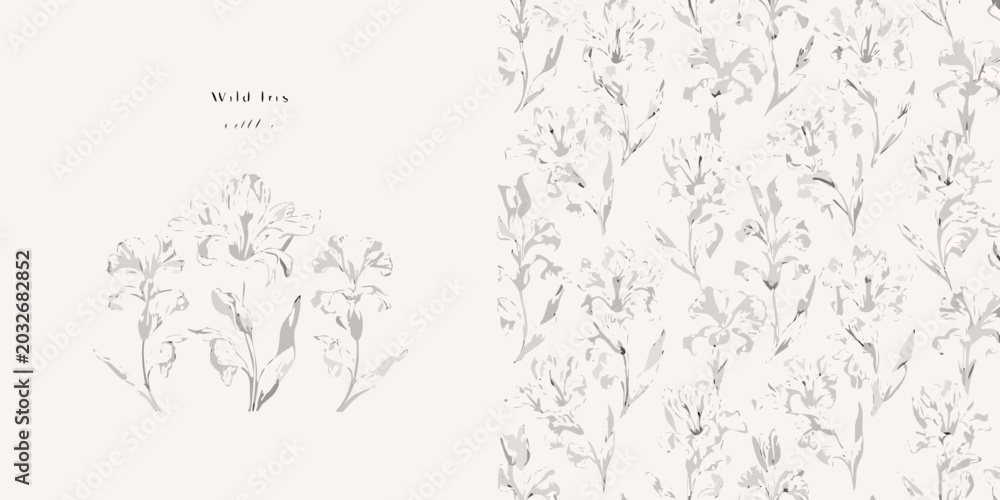 Obraz premium Wild Iris Floral Ornament Detailed Gray Line Art Pattern