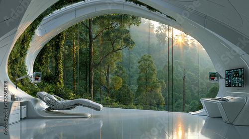 A high-tech, futuristic hospital suite featuring minimalist design, medical monitors, and a massive curved window overlooking a lush, sunlit tropical jungle.