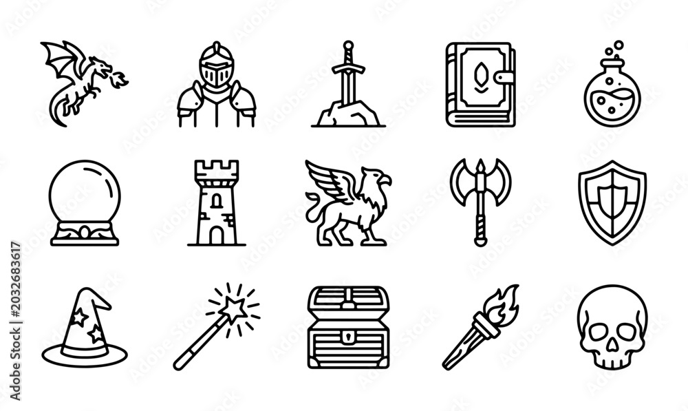 Fototapeta premium Fantasy Icons Set: Dragon, Knight, Sword, Magic Book, Potion, Crystal Ball, Castle
