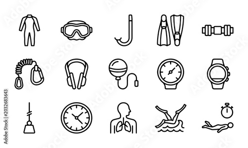 Fotografi Scuba Diving and Swimming Icons Set: Dive Gear, Water Sports, Health & Timekeepi