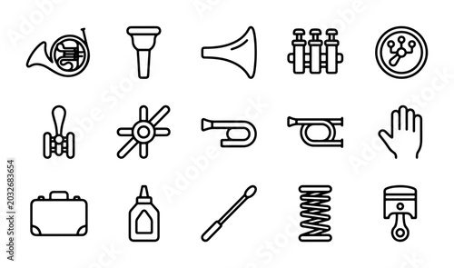 Schilderij op canvas Musical Instrument Parts Icons, Brass Wind Components, Orchestra Equipment Vecto