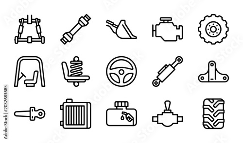 Foto Tractor Parts Icons, Agricultural Machinery Components, Vehicle Mechanics Vector