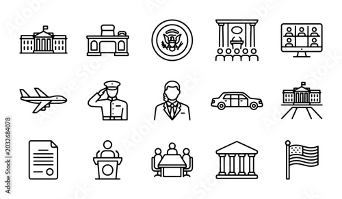 Bild auf Leinwand Government Icons Set, Presidential Buildings, Justice Court, Diplomacy, Politics