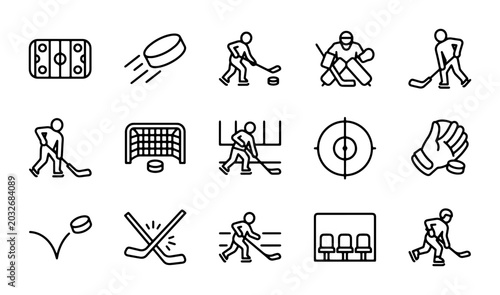 Photography Hockey Icons Set: Ice Rink, Puck, Players, Goalie, Net, Stick, Glove, Bench, Tar