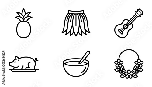 Fotografie Hawaiian Icons Set: Pineapple, Hula Skirt, Ukulele, Pig, Bowl, Lei Vector Graphi