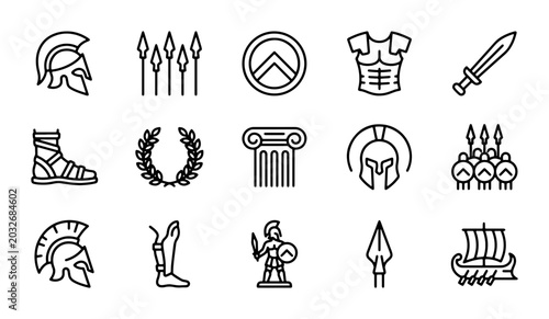Fotografía Ancient Greek Warrior Icons Set, Spartan Helmet, Sword, Shield, Column, Ship Vec