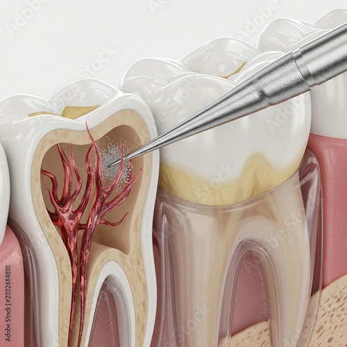 Cross section of a human tooth showing root canal system with dental instrument