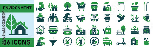Obraz na płótnie Set of thirty six green environmental vector icons illustrating sustainable life