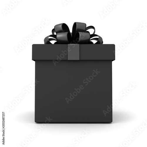 Blank black gift box or front view of black present box tied with black ribbon bow isolated on white background with shadow minimal conceptual 3D rendering