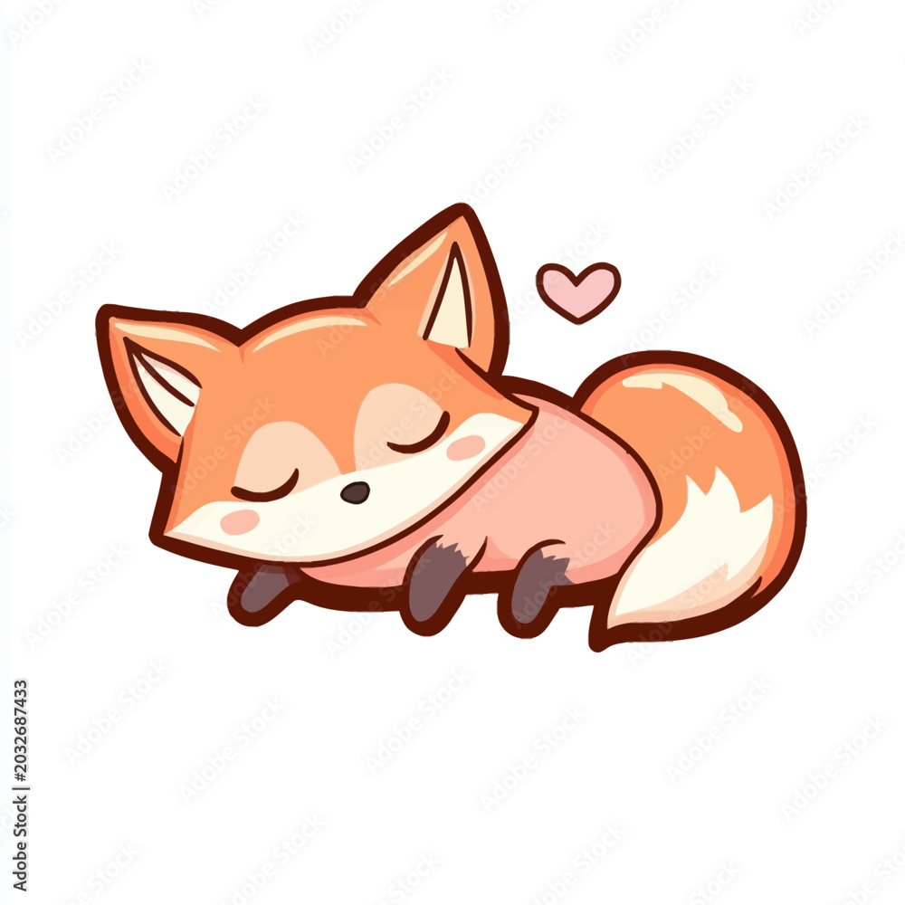 Fototapeta premium A cute cartoon fox with orange and peach fur lying down with closed eyes and a small pink heart