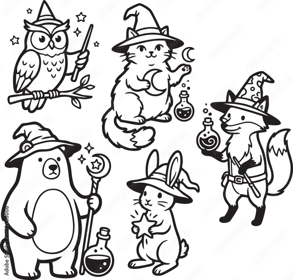 Obraz premium Cute Cartoon Animals Wearing Wizard Hats and Performing Magic Tricks in a Fun Fantasy Scene, Generative Ai