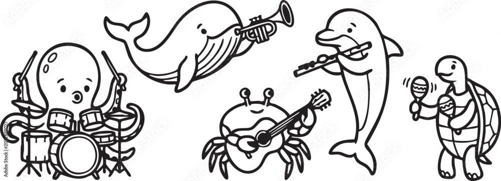 Fototapeta premium Cute Cartoon Octopus and Whale Playing Musical Instruments in a Fun Underwater Scene
