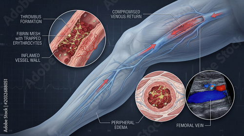 Intricate illustration of Deep Vein Thrombosis revealing clot formation compromised venous return and peripheral edema