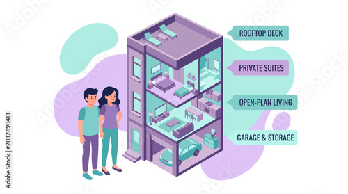 Photos Isometric modern building with cutaway view revealing interior apartment layout