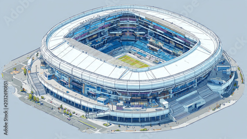 Photography Modern stadium with sleek exterior design and vibrant lighting for entertainment