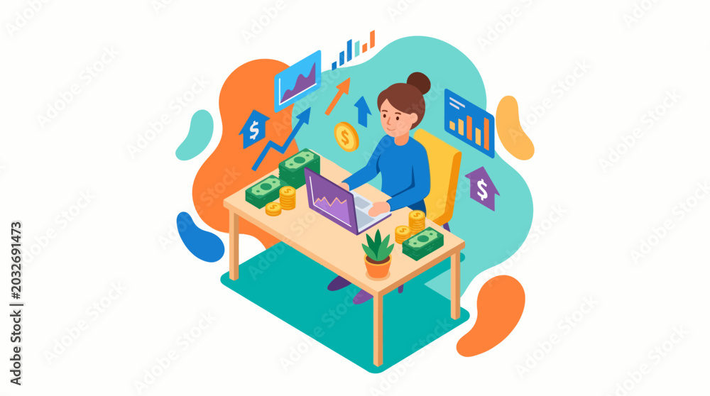 Fototapeta premium Woman working on laptop at desk with financial graphics and money symbols.