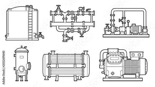 Collection of Industrial Equipment Line Icons for Process Engineering Diagrams