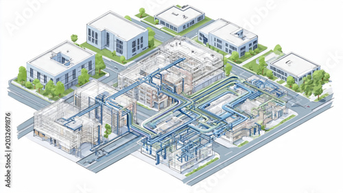 Bilde på lerret Detailed industrial factory floor plan with piping wiring and infrastructure lay